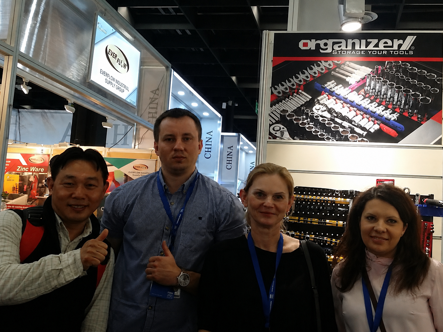 International professional tool exhibition with visitors and product displays