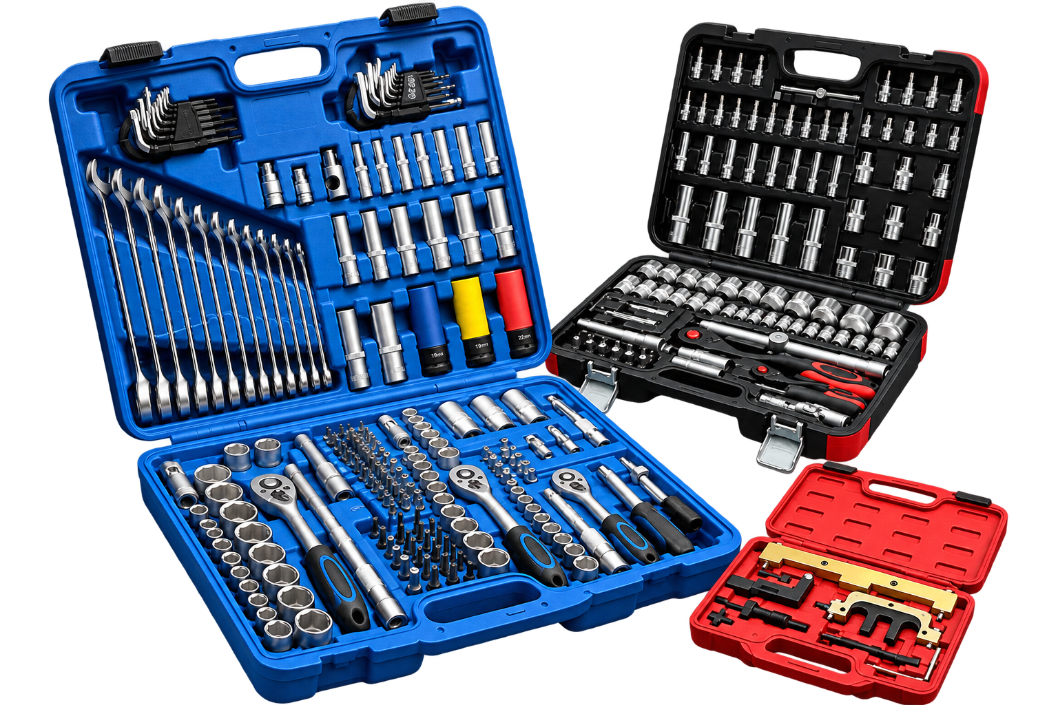 Three MASHA tool set combinations arranged as one product display